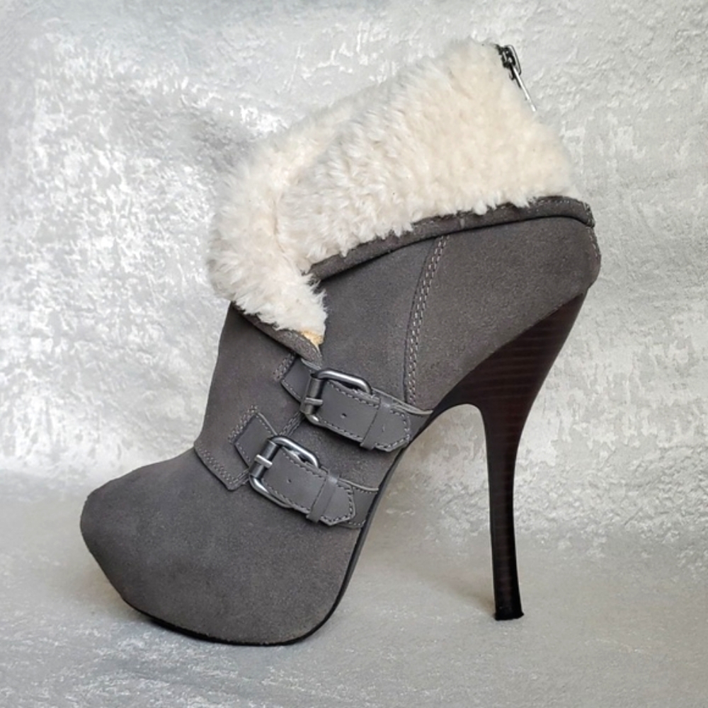 H for Halston Grey Suede Leather Faux Fur Heeled Ankle Boots WOMENS SIZE: 8.5